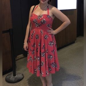 Vintage inspired pink floral halter swing dress with full skirt, tea length